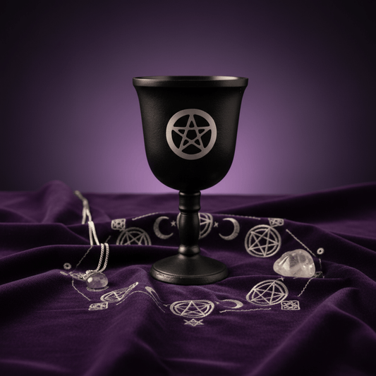Calice rituel noir avec pentacle, posé sur tissu violet wicca, accessoire d’autel pour sorcellerie et rituels magiques.