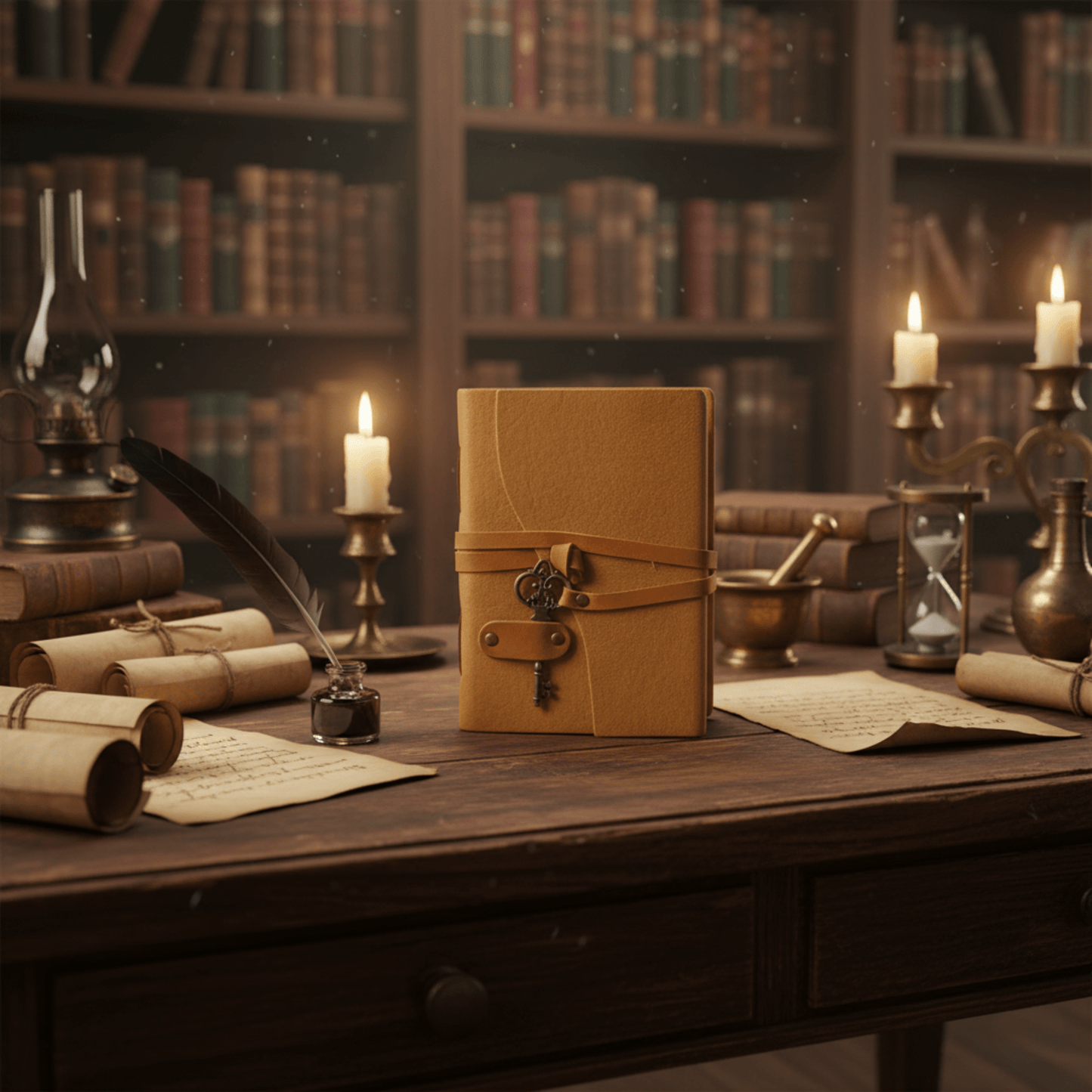 Carnet magique en cuir ambré avec clé décorative, posé au centre d’un bureau entouré de bougies et parchemins.