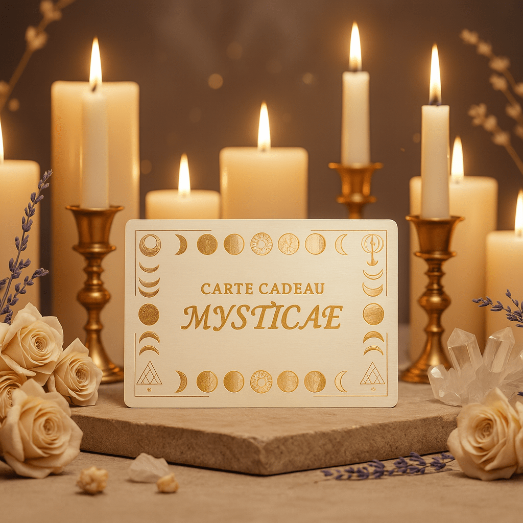 Carte cadeau Mysticae entourée de bougies, cristaux et roses, mise en scène spirituelle ambiance ésotérique.
