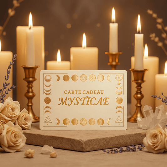 Carte cadeau Mysticae entourée de bougies, cristaux et roses, mise en scène spirituelle ambiance ésotérique.