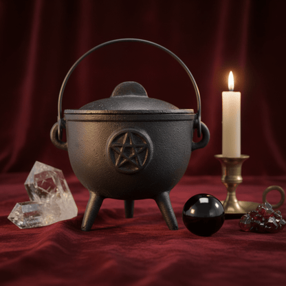 Chaudron pentacle en fonte noire avec couvercle, bougie allumée et cristaux pour rituel wicca.