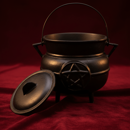 Chaudron wiccain en fonte noire avec couvercle, symbole pentacle pour rituels, sorts et fumigations.