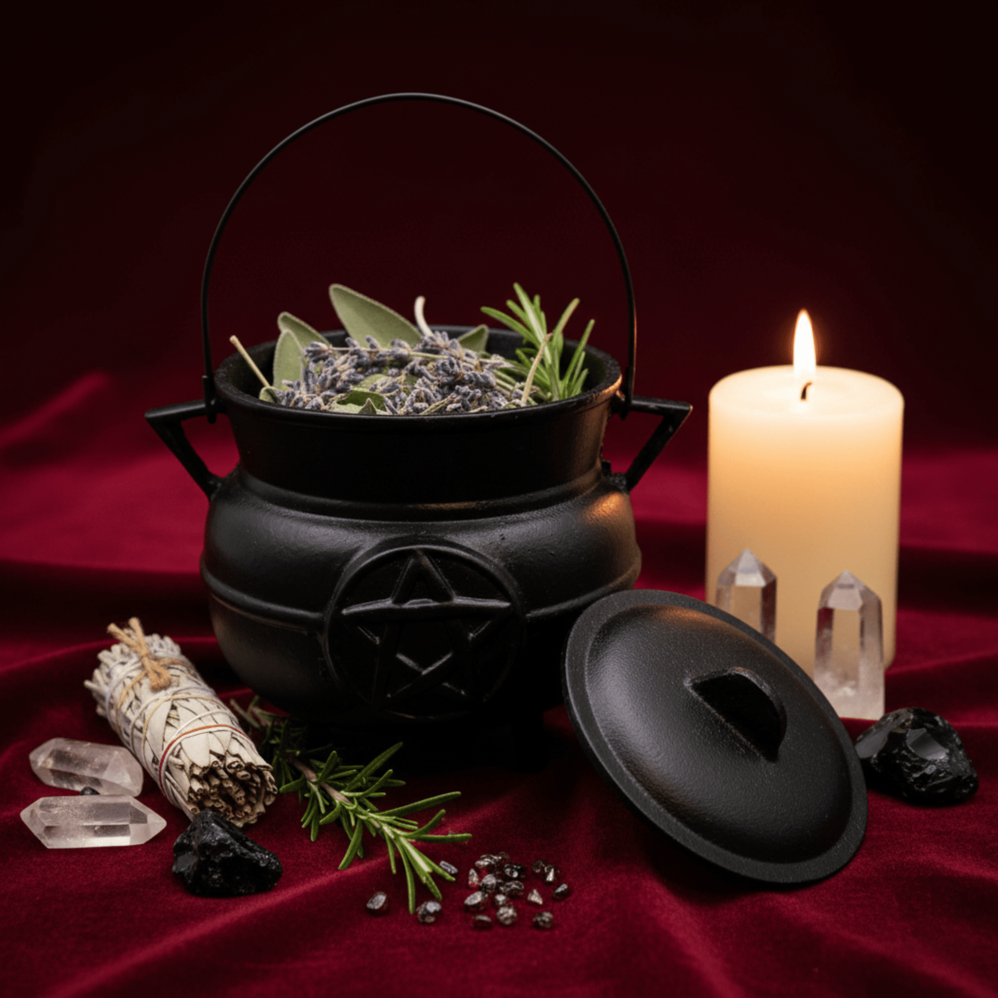 Chaudron en fonte rempli d’herbes sacrées pour fumigation, rituels wicca et magie de purification.
