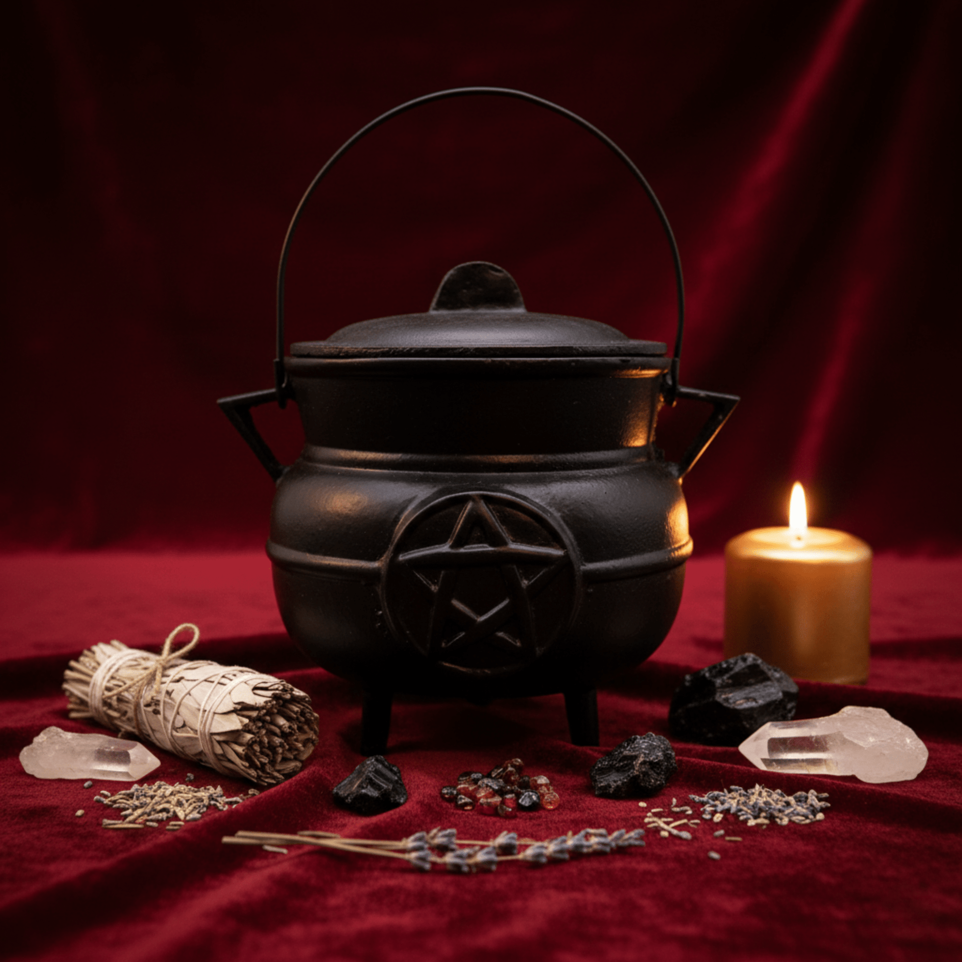 Grand chaudron wicca en fonte avec pentacle, entouré d’herbes, cristaux et bougie pour rituels.
