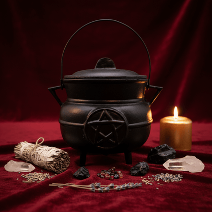 Grand chaudron wicca en fonte avec pentacle, entouré d’herbes, cristaux et bougie pour rituels.