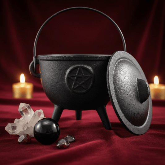 Chaudron rituel en fonte noire avec pentacle, posé sur tissu rouge, entouré de cristaux et bougie allumée.