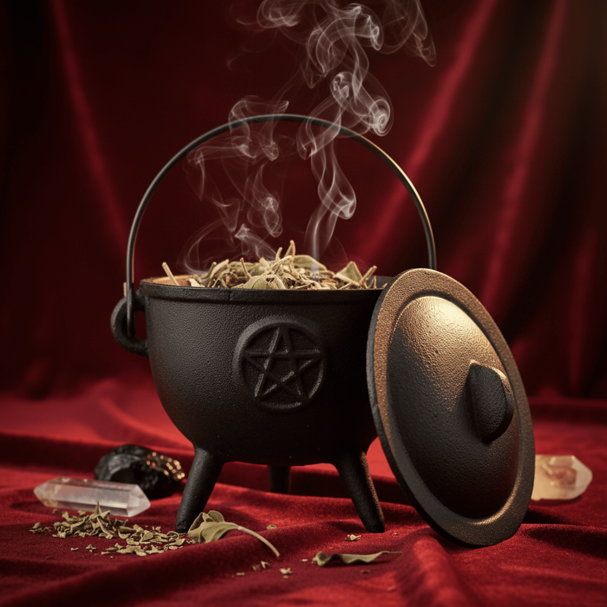 Chaudron en fonte pentacle fumant, rempli d’herbes rituelles, ambiance mystique avec cristaux et bougie.