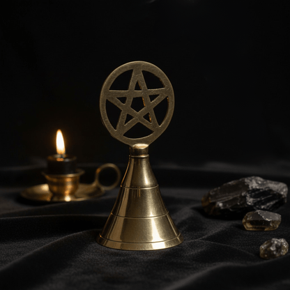 Cloche Wicca en laiton ornée d’un pentacle, utilisée pour rituels, magie cérémonielle et purification spirituelle.