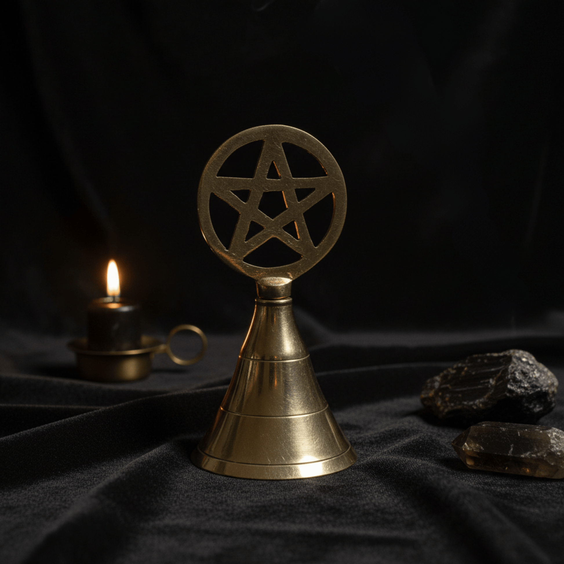 Cloche d’autel en laiton avec pentacle ajouré, outil rituel Wicca pour purification et protection énergétique.