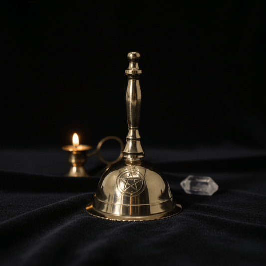 Cloche d’autel en laiton avec pentacle gravé, posée sur un tissu noir, éclairée par une bougie rituelle