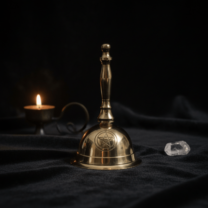 Cloche rituelle en laiton Penta Lune, vue rapprochée avec bougie allumée et cristal clair en décoration