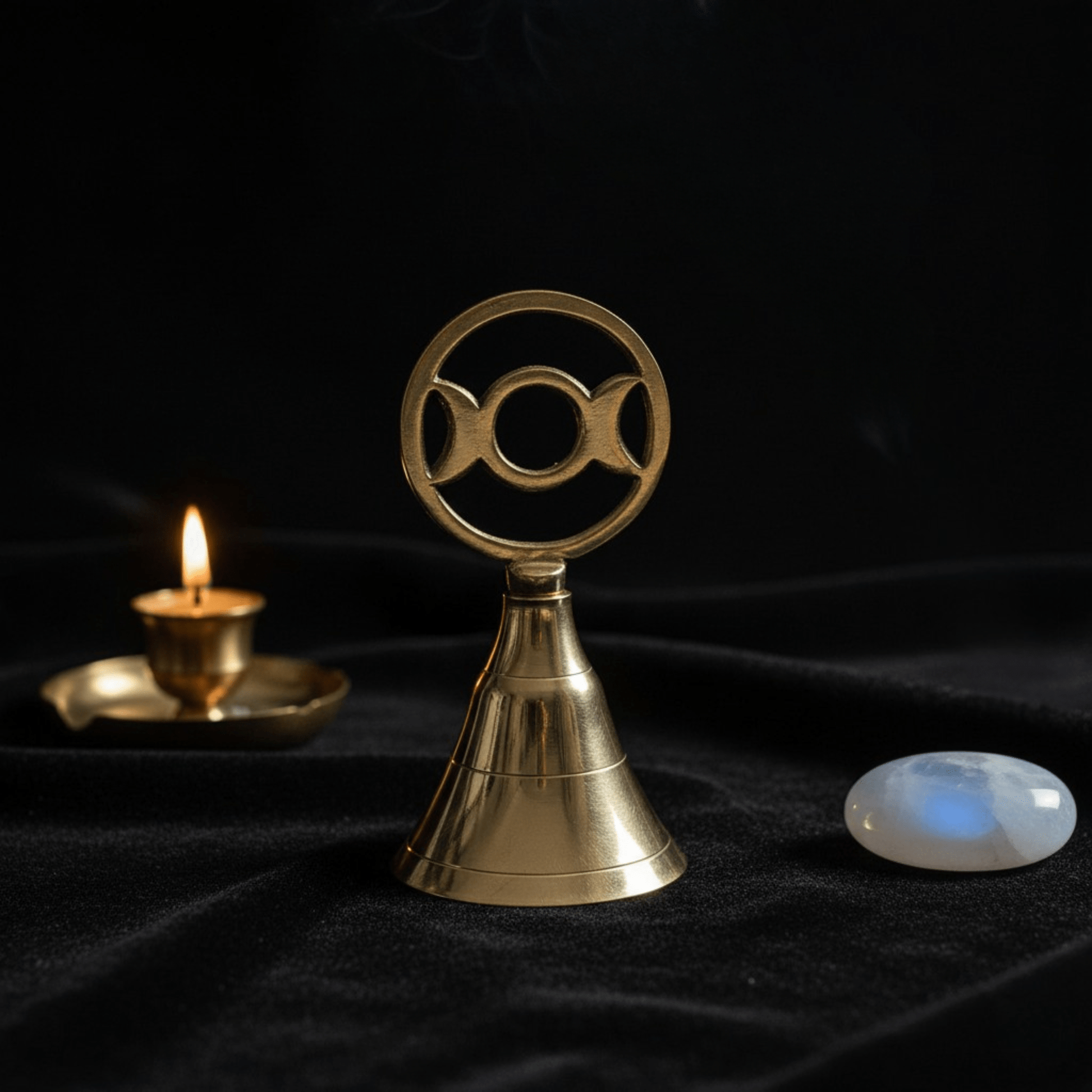 Cloche rituelle en laiton Triple Lune sur autel wiccan, avec bougie et pierre de lune.