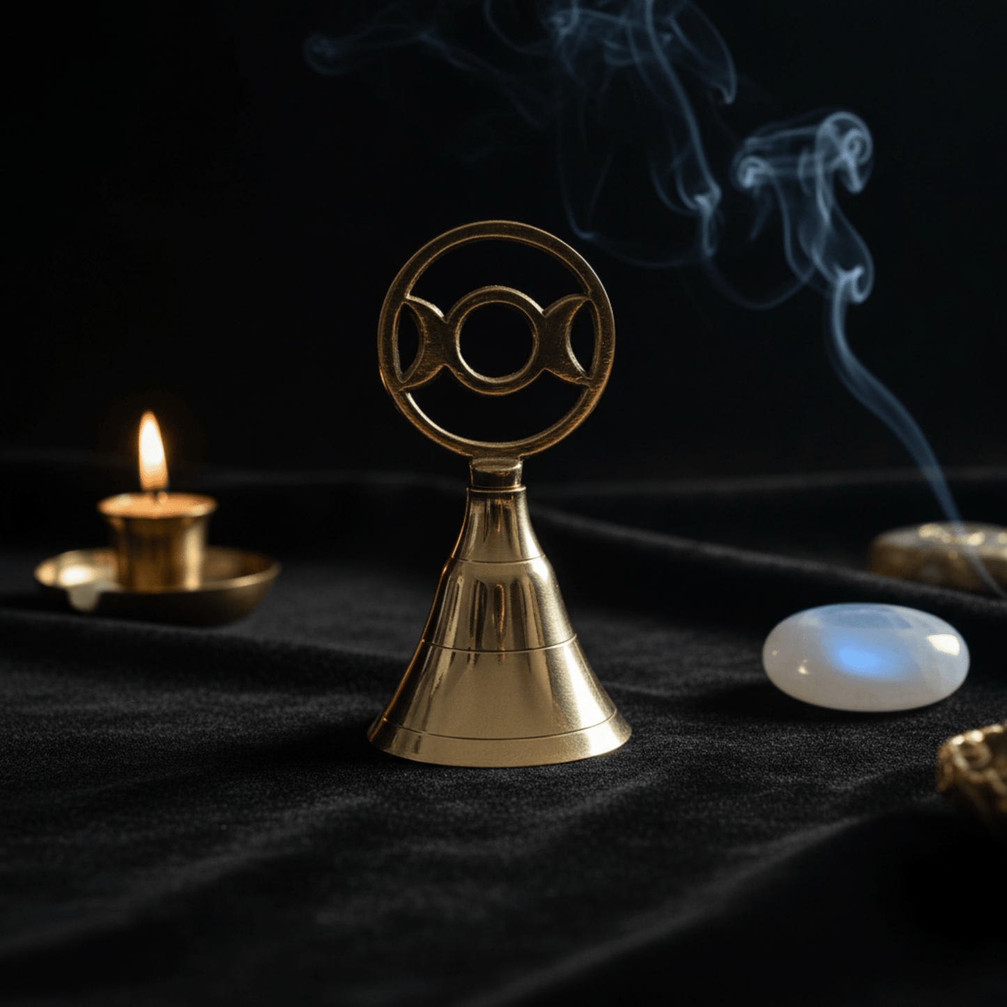 Cloche d’autel en laiton avec symbole Triple Lune, sur tissu noir avec encens fumant et bougie rituelle.