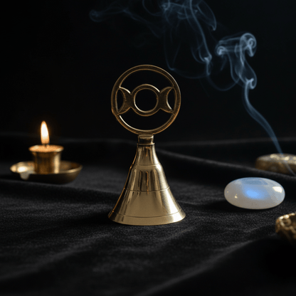 Cloche d’autel en laiton avec symbole Triple Lune, sur tissu noir avec encens fumant et bougie rituelle.
