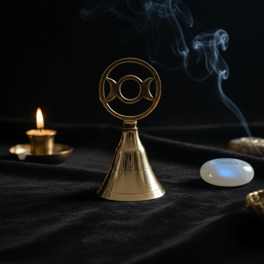 Cloche d’autel en laiton avec symbole Triple Lune, sur tissu noir avec encens fumant et bougie rituelle.