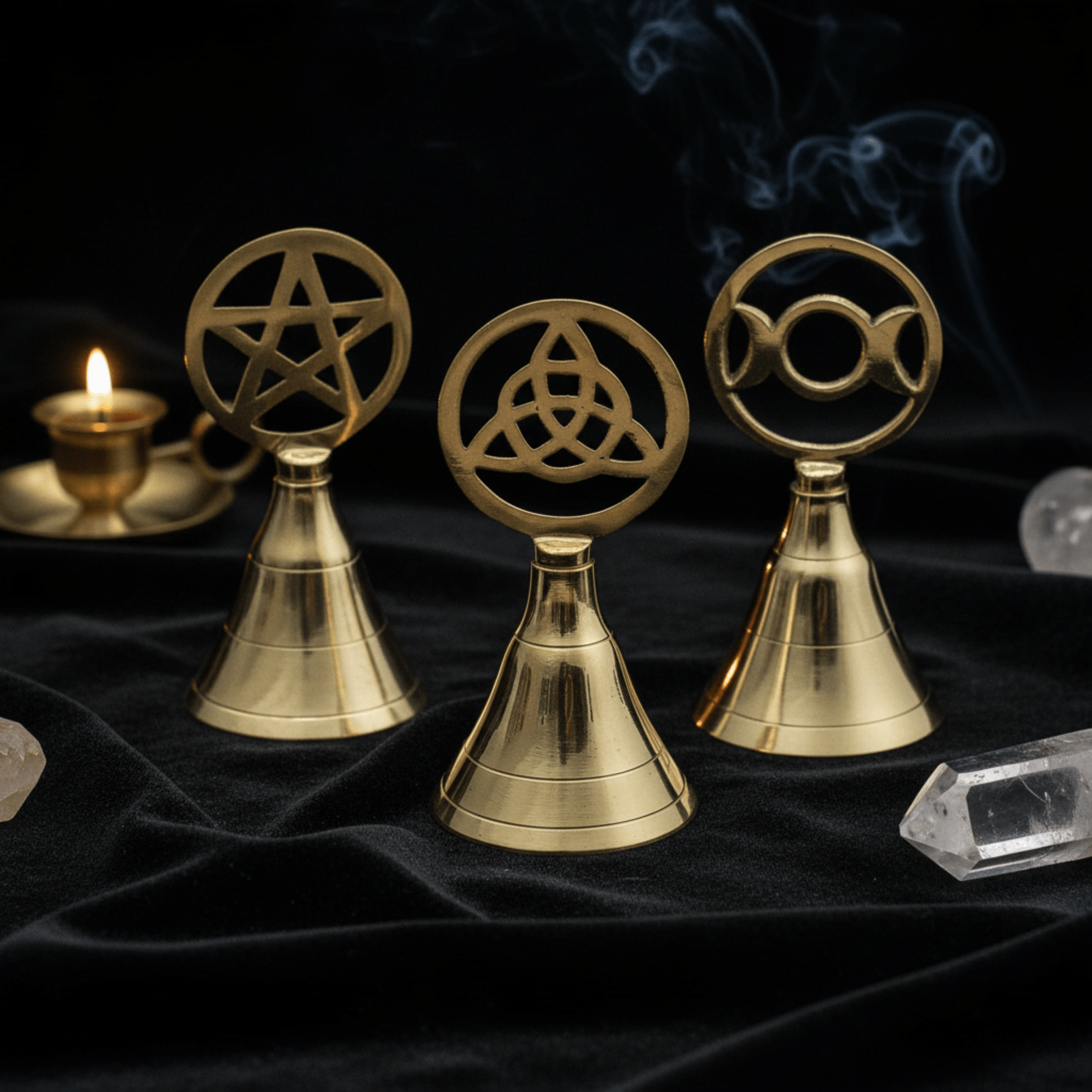 Cloche d’autel wicca en laiton, modèles Triple Lune, Pentacle et Triquetra présentés sur tissu noir.