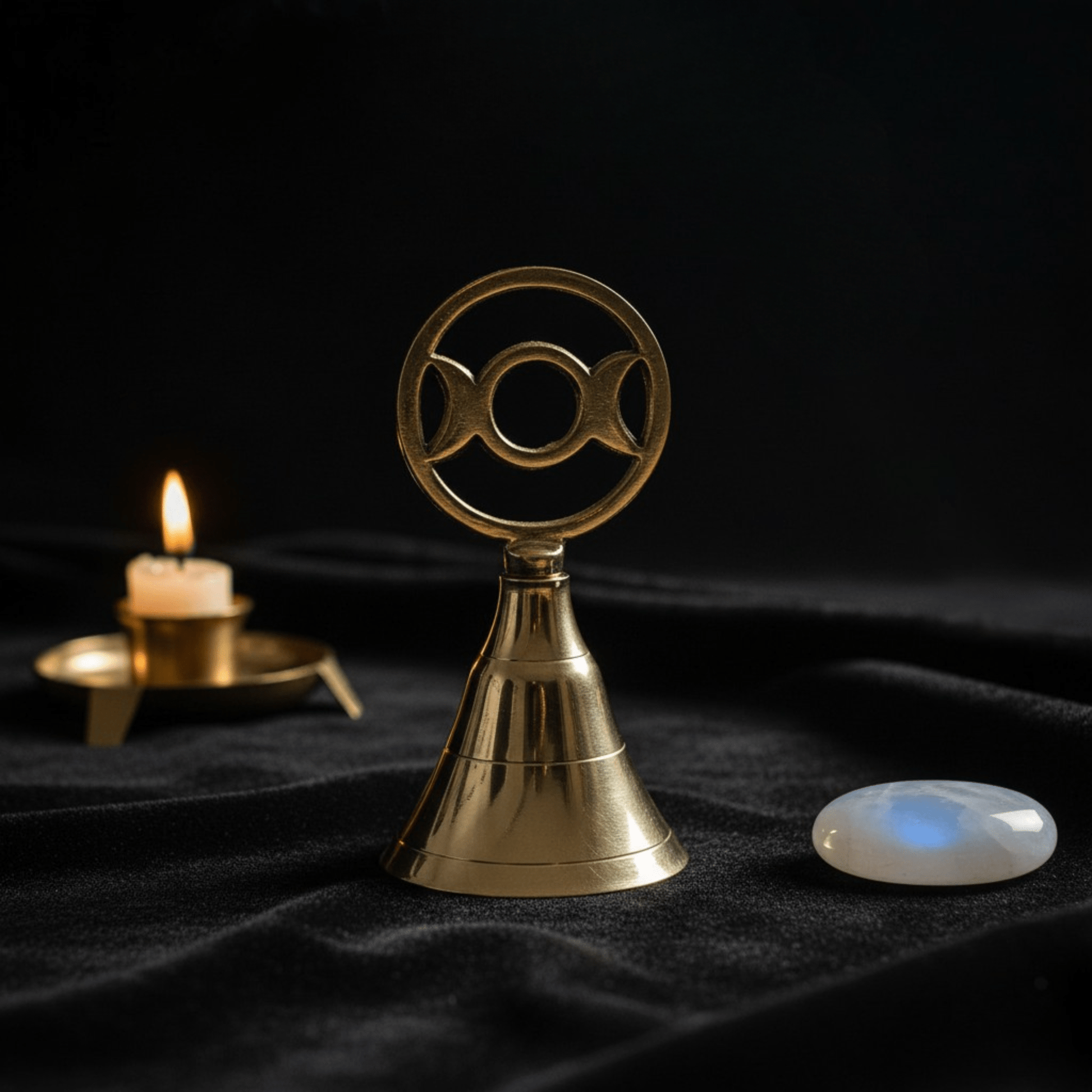 Cloche wiccane en laiton symbole Triple Lune avec bougie allumée et pierre blanche sur autel.
