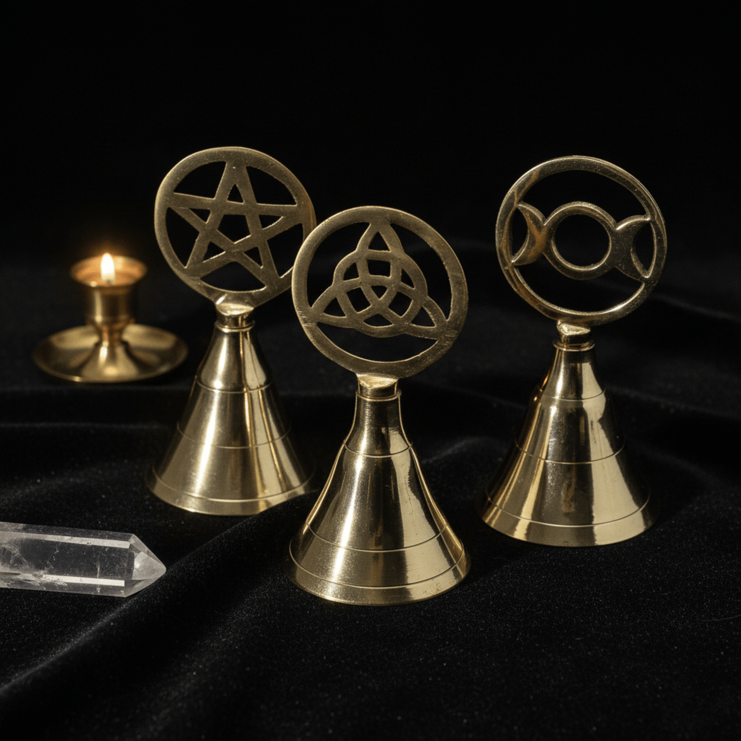 Cloche rituelle Triquetra en laiton, accessoire ésotérique pour autel, pratiques wiccanes et magie de purification.