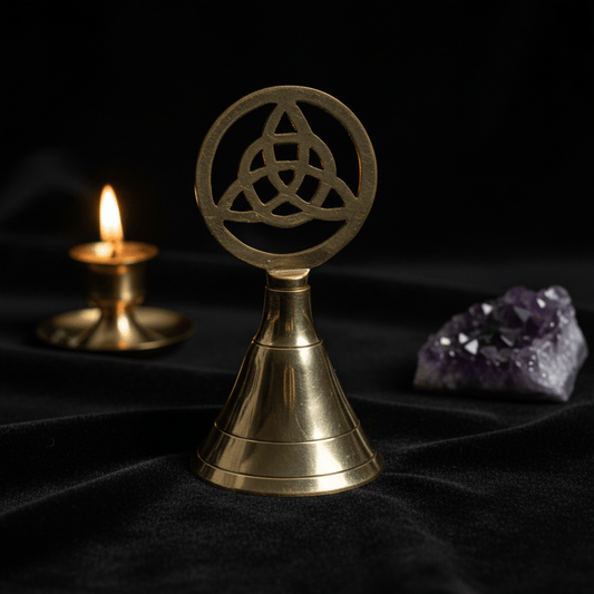 Cloche d’autel Triquetra en laiton massif, outil rituel wicca pour purification énergétique et ouverture de cercle.