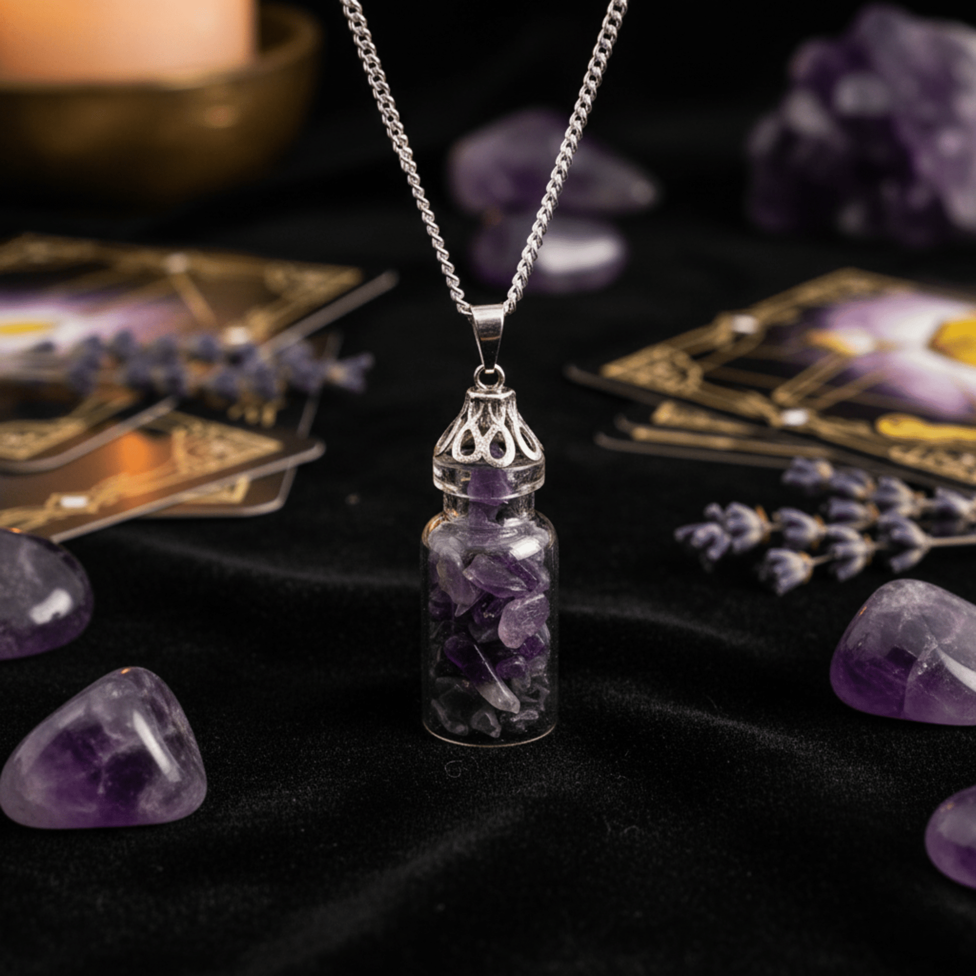 Collier bouteille d’Améthyste naturelle sur fond ésotérique, talisman d’intuition et de protection.