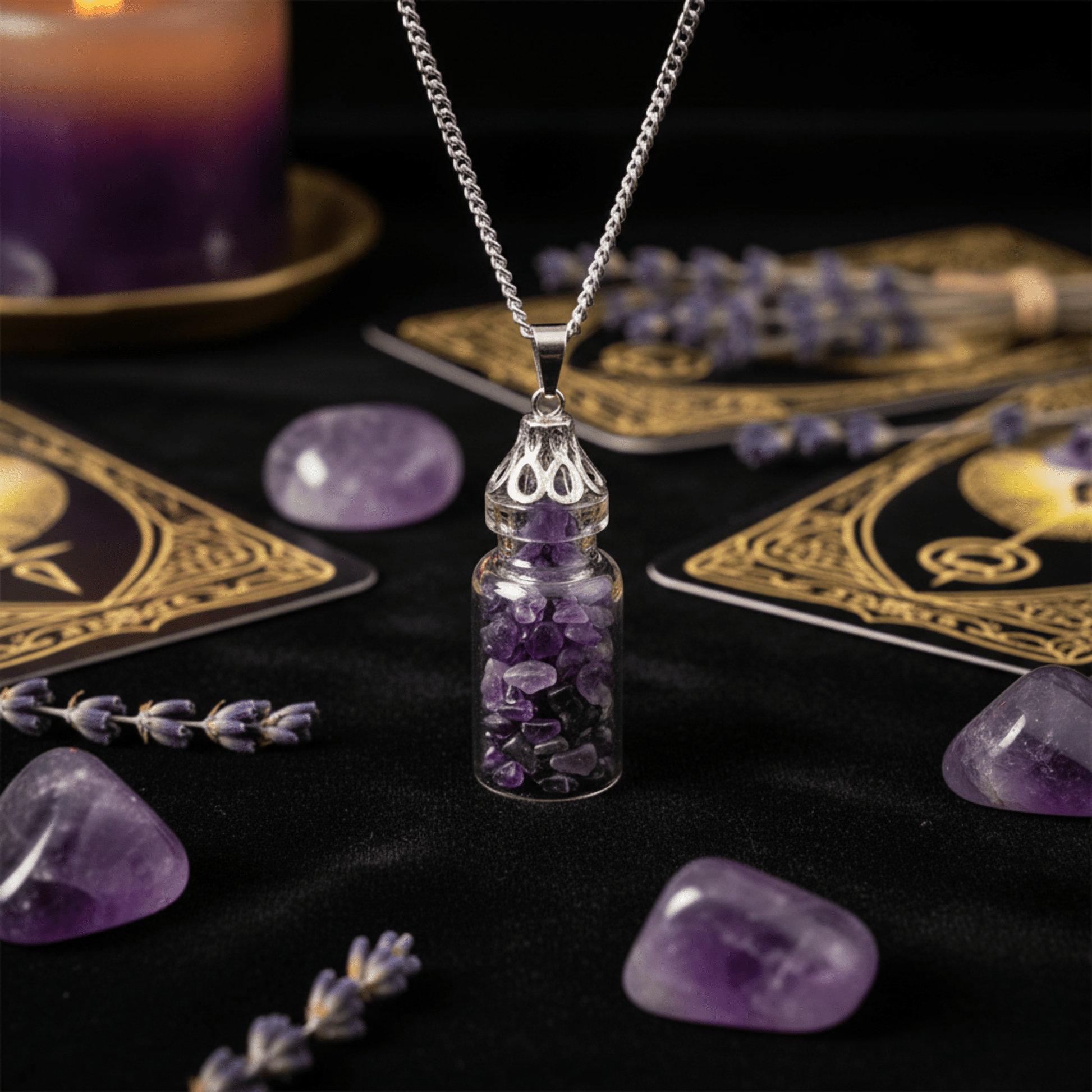 Collier bouteille d’Améthyste sur autel mystique, pendentif pierre naturelle pour énergie intuitive.