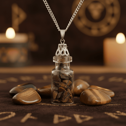 Collier bouteille Œil de Tigre, pendentif pierre naturelle protectrice sur autel ésotérique.