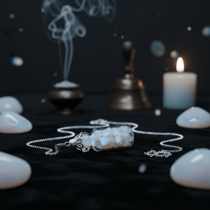 Collier bouteille opalite entouré de pierres opalites et d’une ambiance rituelle avec bougie.