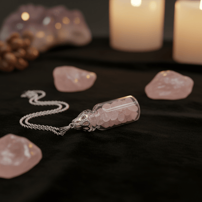 Pendentif bouteille en quartz rose posé avec cristaux, bijou lithothérapie amour.