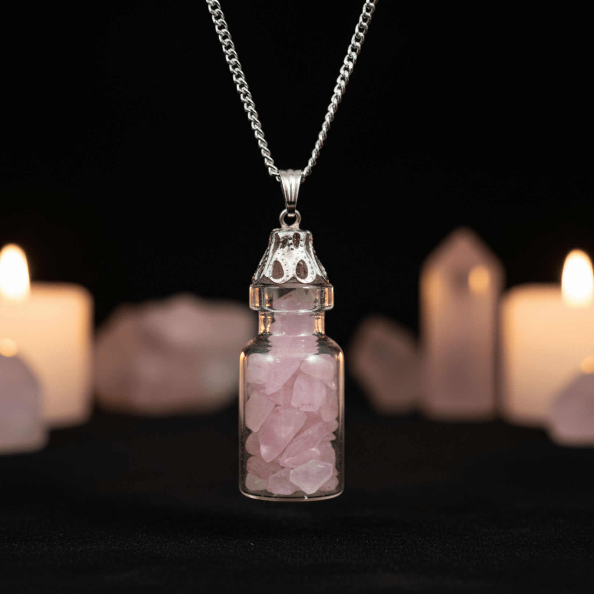 Collier bouteille en verre rempli de quartz rose, pendentif lithothérapie amour et apaisement.