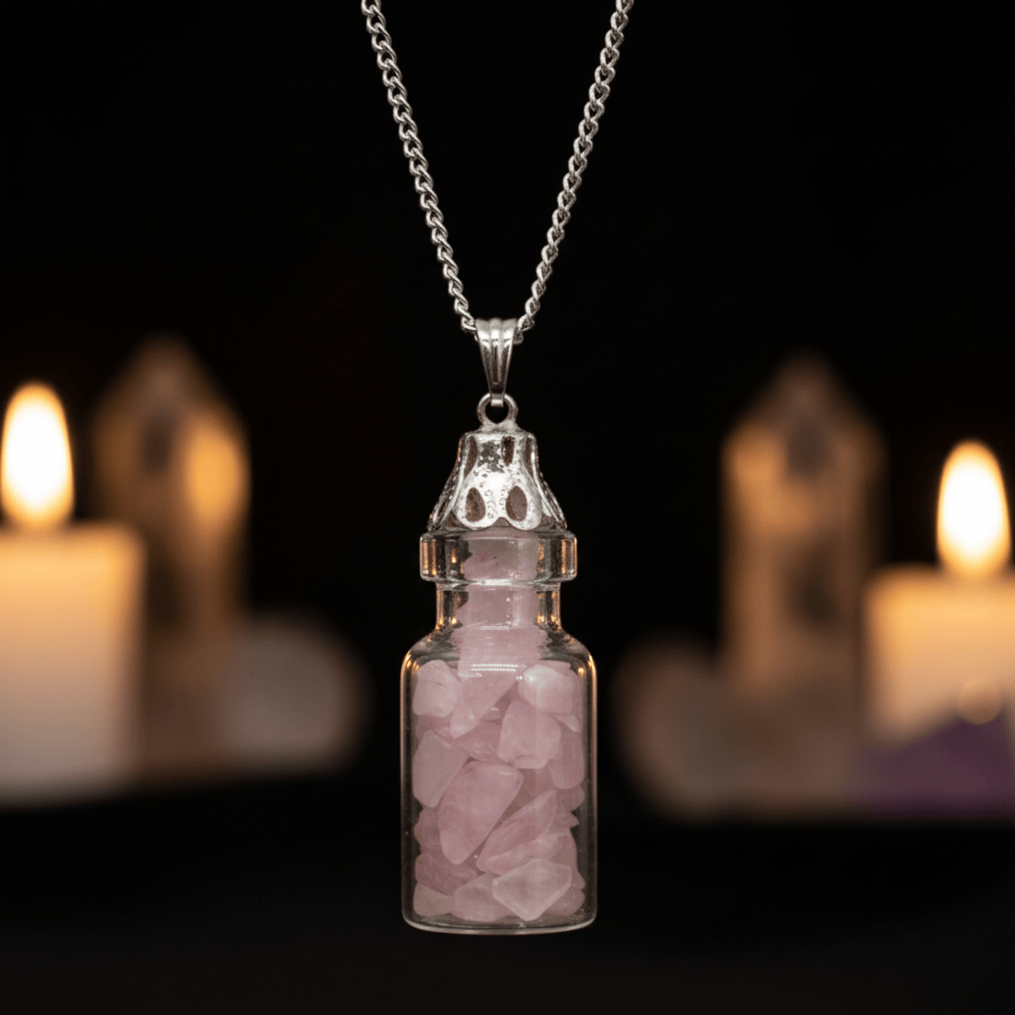 Collier bouteille quartz rose suspendu, pendentif énergétique amour et paix intérieure.