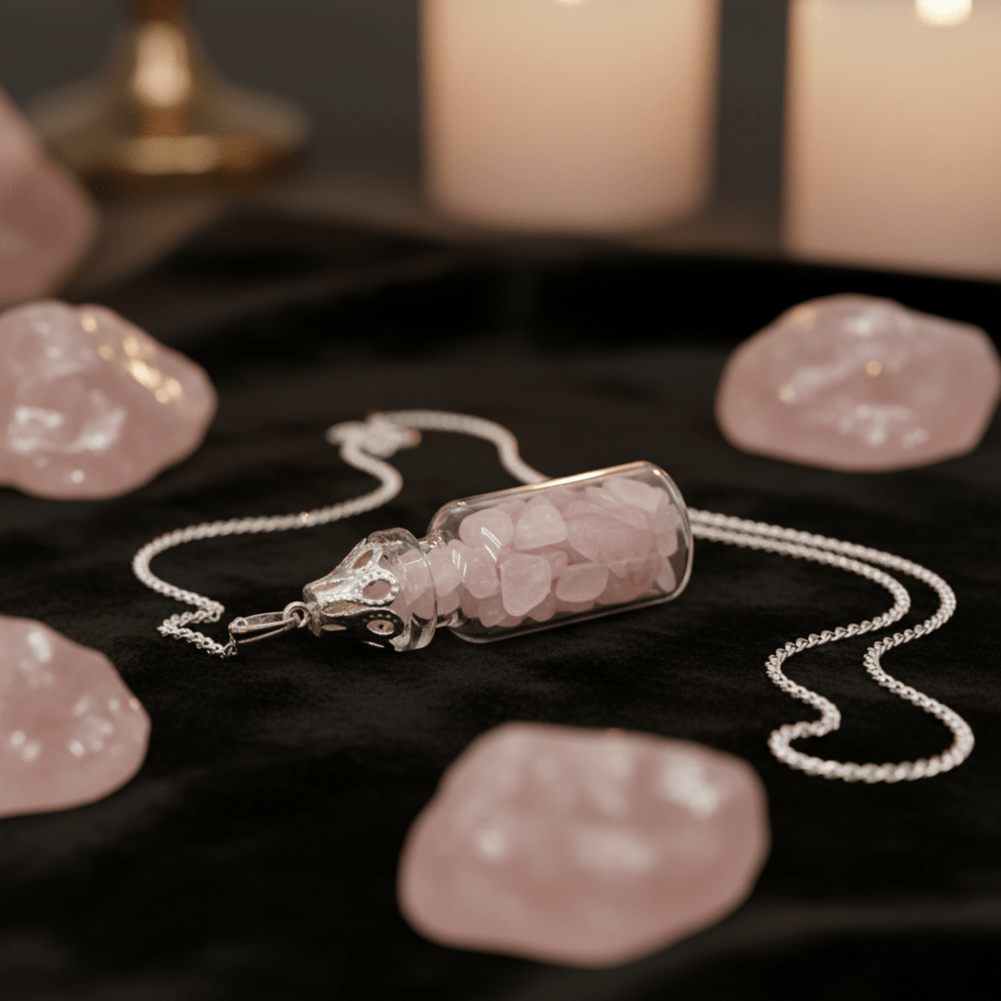 Pendentif bouteille en verre quartz rose, chaîne argentée, bijou amour et bien-être.