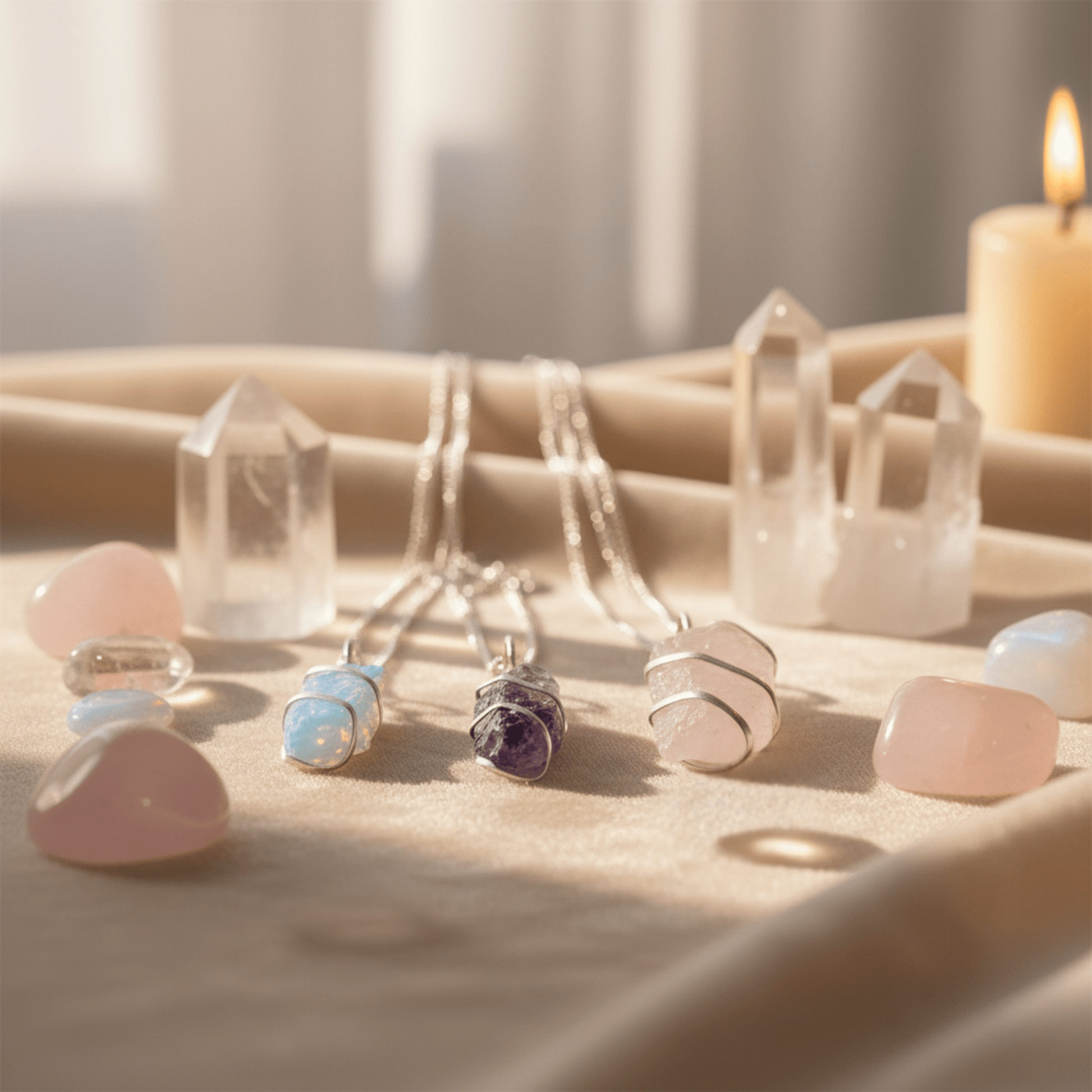 Pendentifs en pierres brutes (opalite, quartz rose, améthyste) en fil argenté, présentés avec cristaux et bougie.