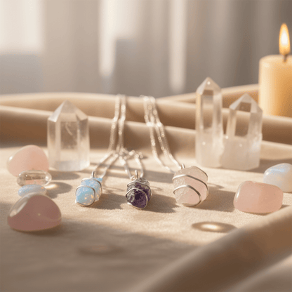 Pendentifs en pierres brutes (opalite, quartz rose, améthyste) en fil argenté, présentés avec cristaux et bougie.