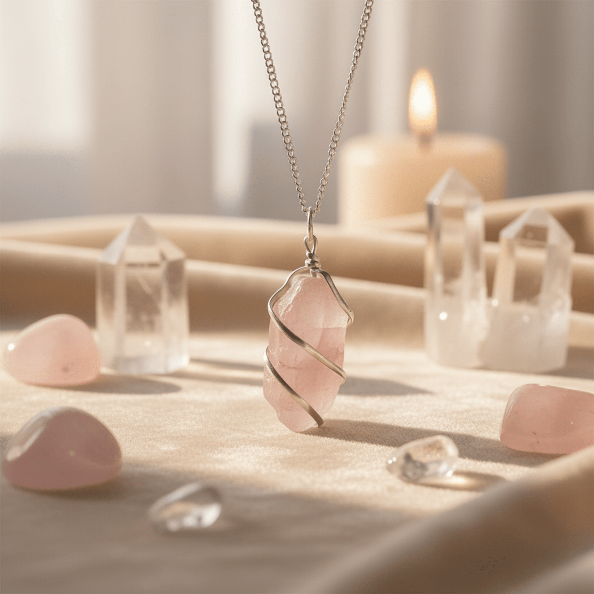 Collier quartz rose brut en fil argenté suspendu, entouré de pierres et cristaux dans une ambiance lumineuse.