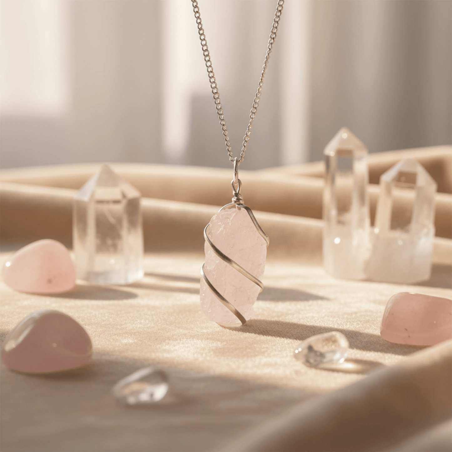 Pendentif en quartz rose brut enrobé de fil argenté, suspendu avec cristaux transparents et pierres roses autour.