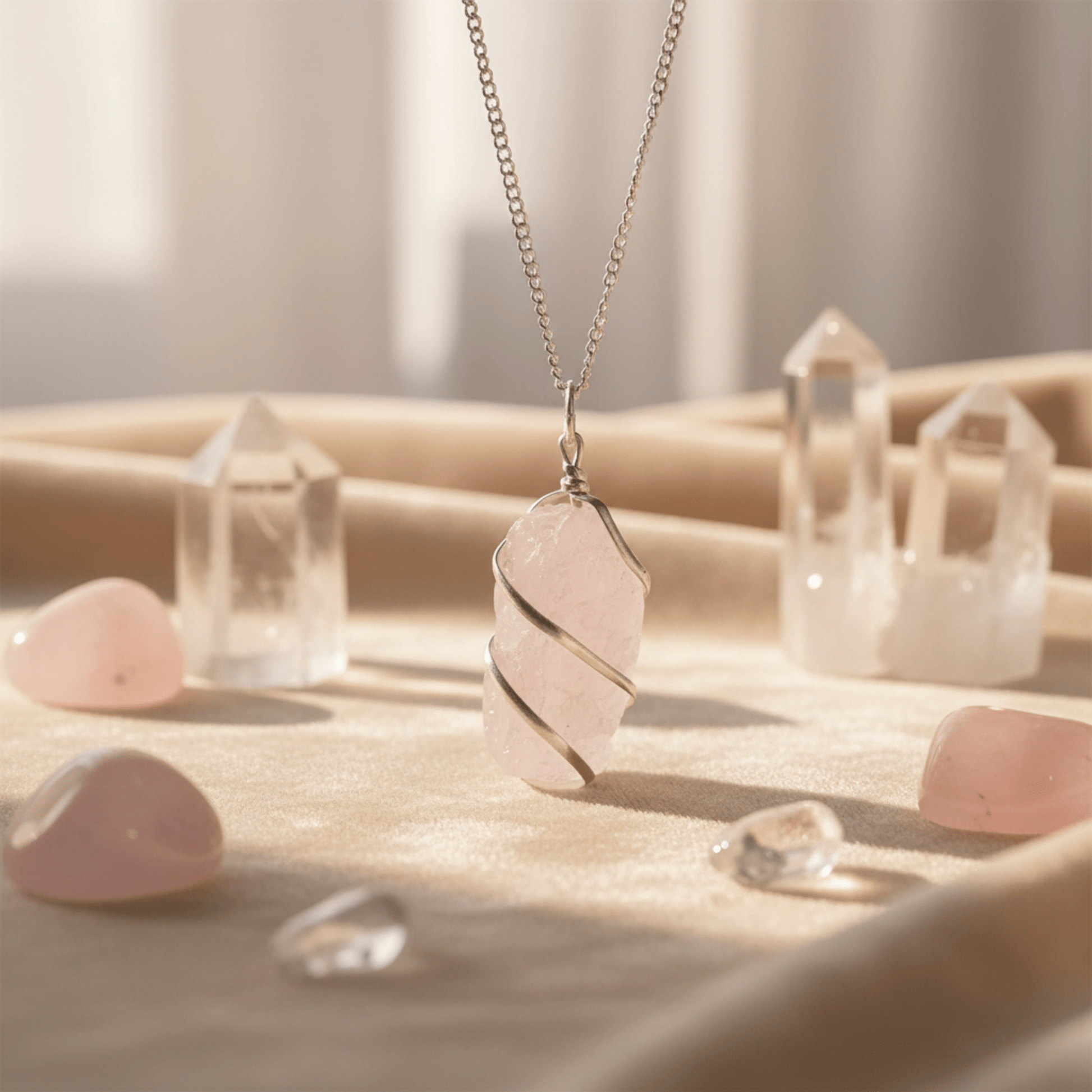 Pendentif en quartz rose brut enrobé de fil argenté, suspendu avec cristaux transparents et pierres roses autour.