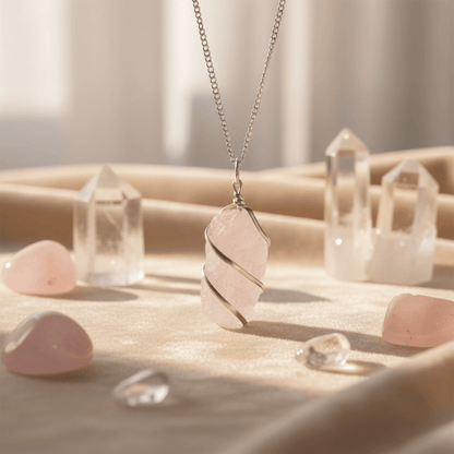 Pendentif en quartz rose brut enrobé de fil argenté, suspendu avec cristaux transparents et pierres roses autour.