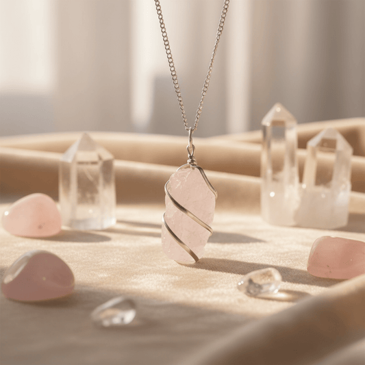 Pendentif en quartz rose brut enrobé de fil argenté, suspendu avec cristaux transparents et pierres roses autour.