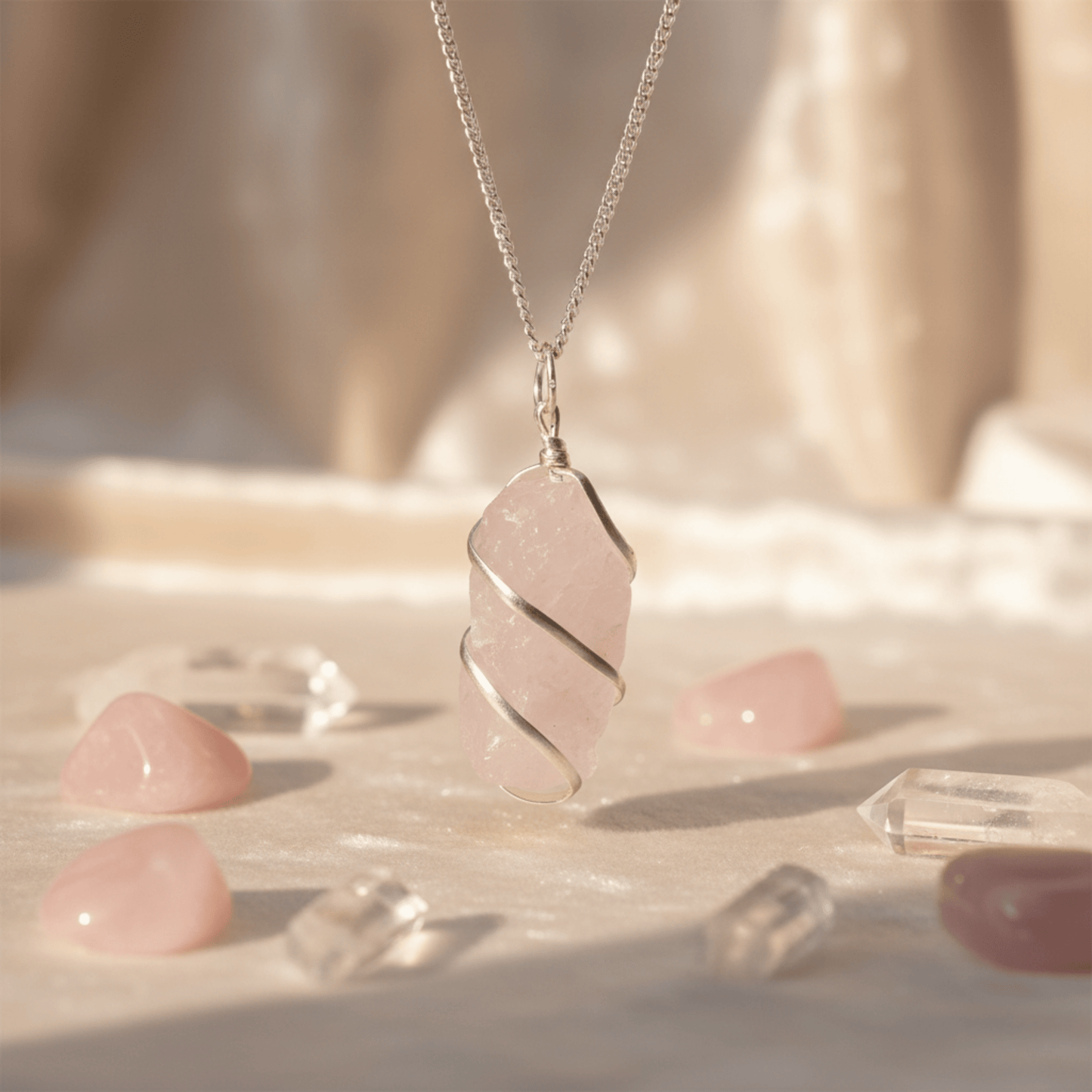 Collier quartz rose brut enveloppé de fil argenté, présenté parmi cristaux et pierres roses dans une lumière douce.