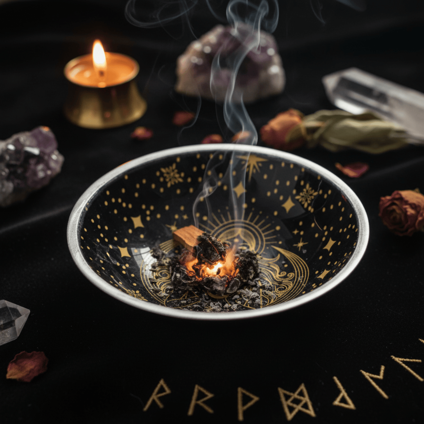 Encens fumant dans coupe d’offrande déesse noire et or, rituel witchcraft avec cristaux et plantes sacrées.