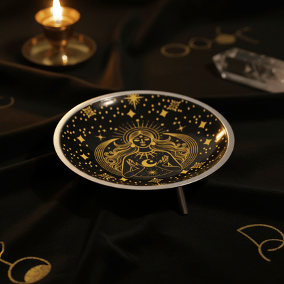 Coupe d’offrande déesse noire et or sur trépied, bougie allumée, décor magique idéal pour autel lunaire.