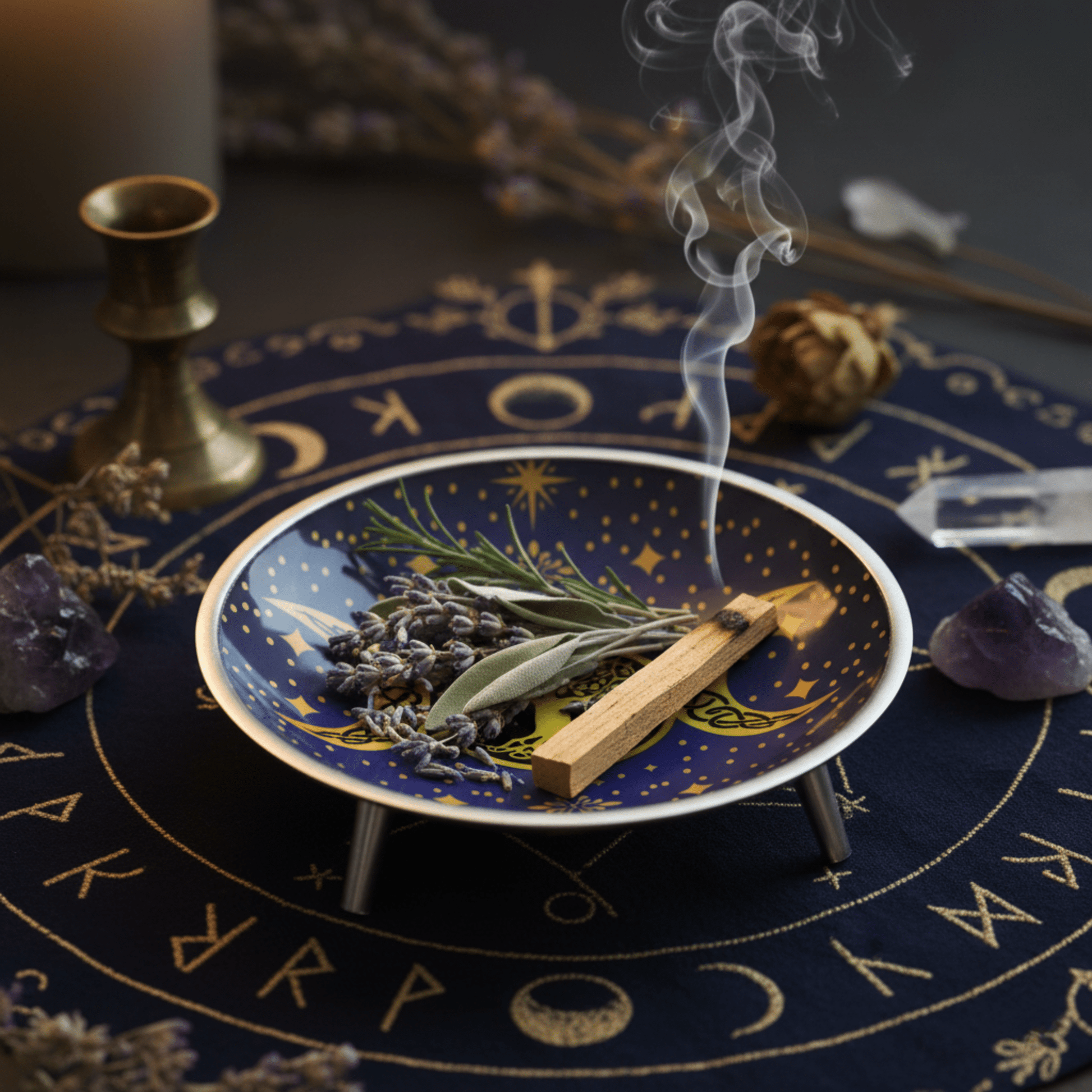 Coupe d’offrande utilisée pour fumigation, remplie de plantes sacrées et encens, décor Triple Lune et Arbre de Vie.
