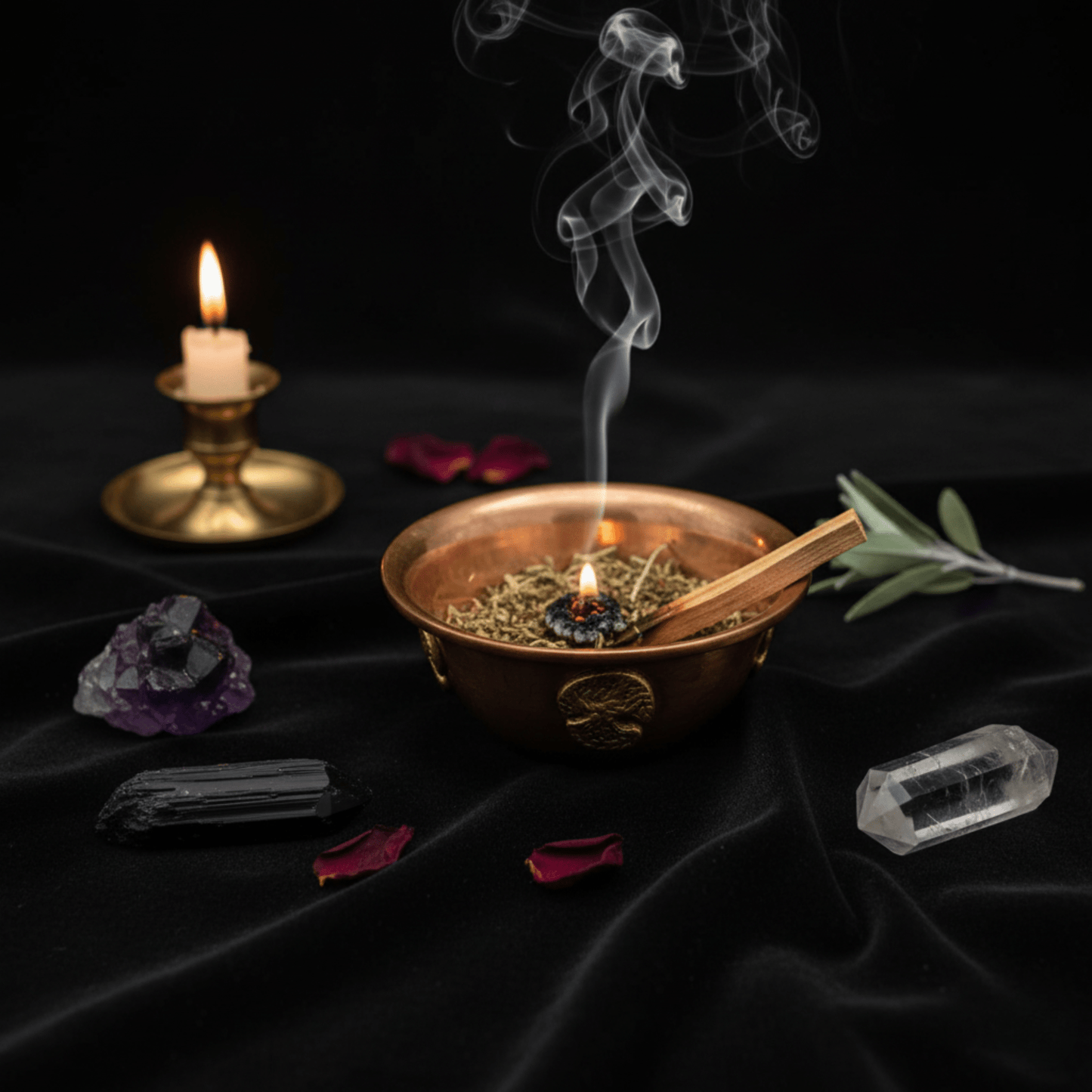 Coupe en cuivre pour encens, fumée montant au-dessus d’herbes brûlées, décor mystique.