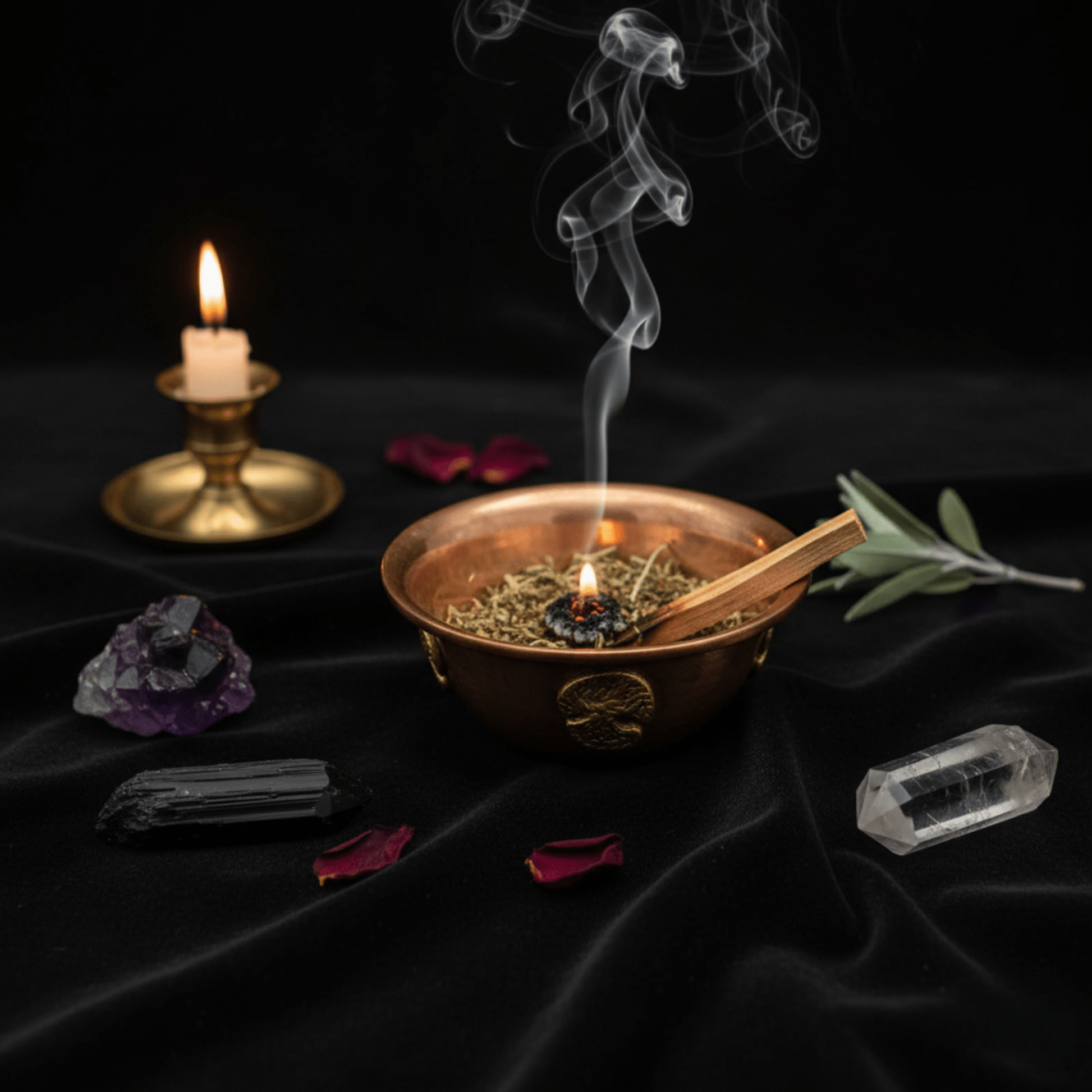 Coupe en cuivre pour encens, fumée montant au-dessus d’herbes brûlées, décor mystique.