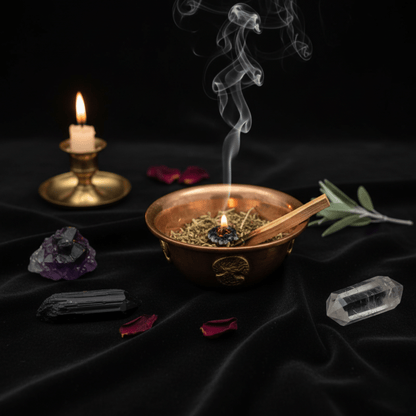Coupe en cuivre pour encens, fumée montant au-dessus d’herbes brûlées, décor mystique.