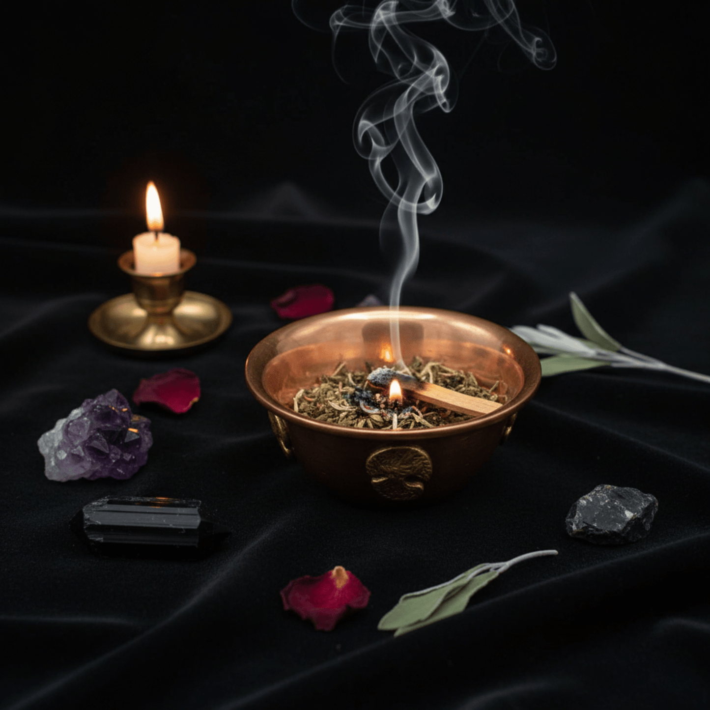 Coupe en cuivre Arbre de Vie fumante entourée de cristaux et d'une bougie, ambiance rituelle.