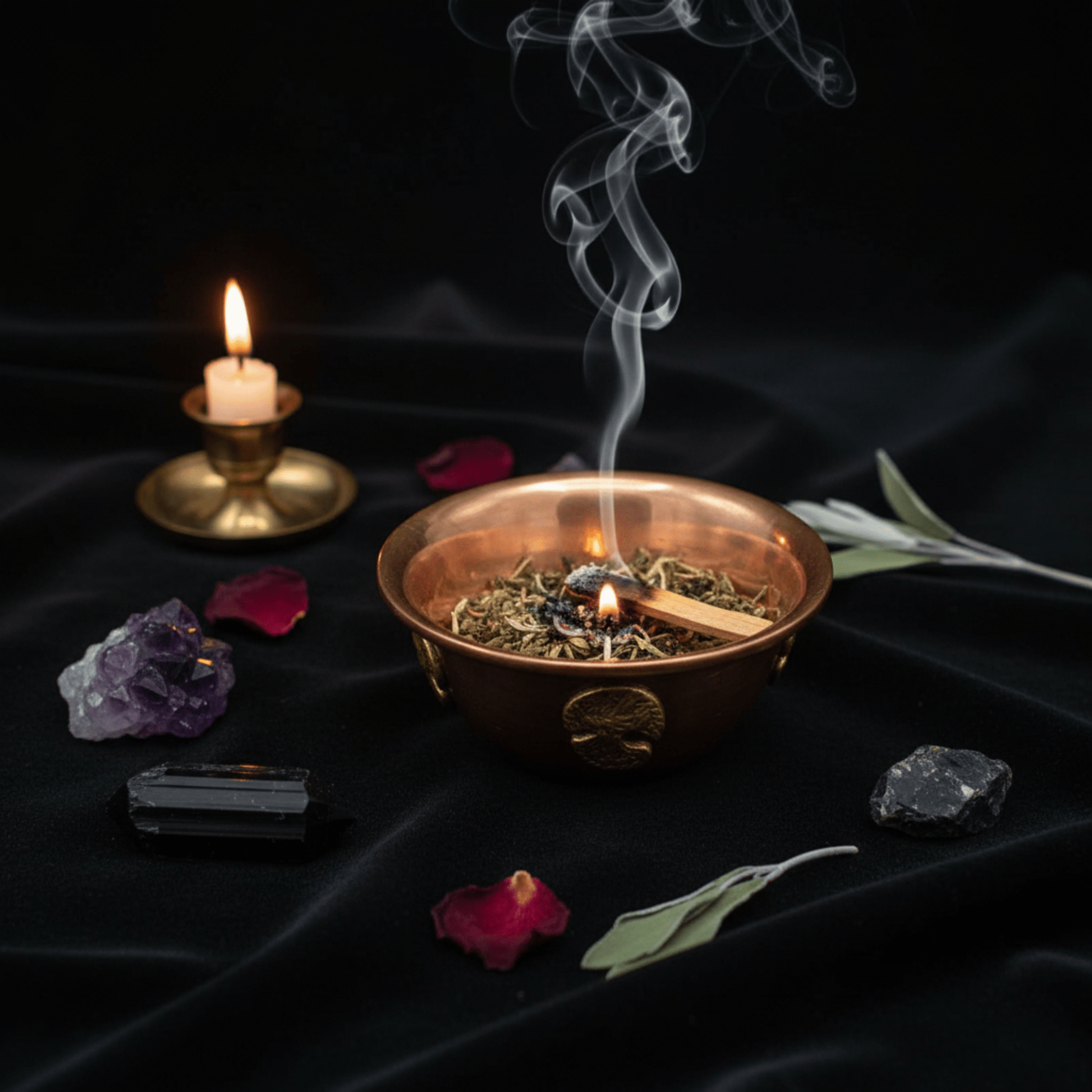 Coupe en cuivre Arbre de Vie fumante entourée de cristaux et d'une bougie, ambiance rituelle.