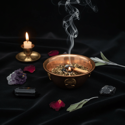 Coupe en cuivre Arbre de Vie fumante entourée de cristaux et d'une bougie, ambiance rituelle.