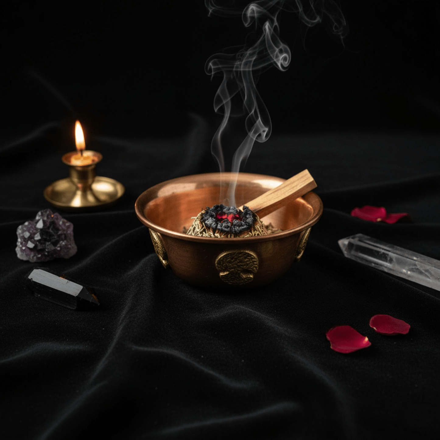 Coupe rituelle en cuivre antique avec braises rouges et palo santo brûlant sur autel.