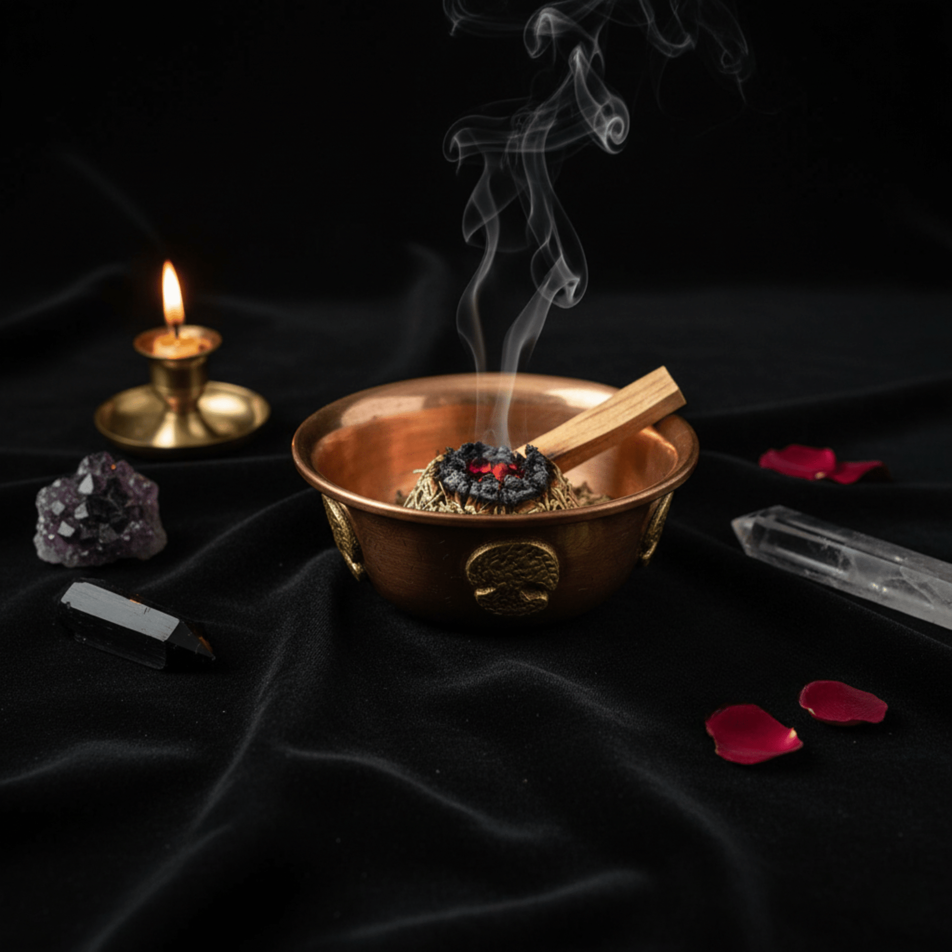 Coupe rituelle en cuivre antique avec braises rouges et palo santo brûlant sur autel.